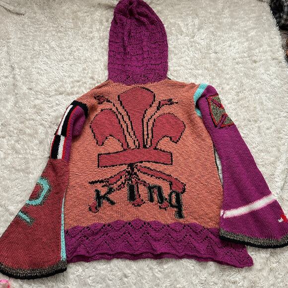 Handmade Madonna Knit Crochet Hooded Sweater Multicolor Bell Sleeve OSFM - Picture 4 of 11